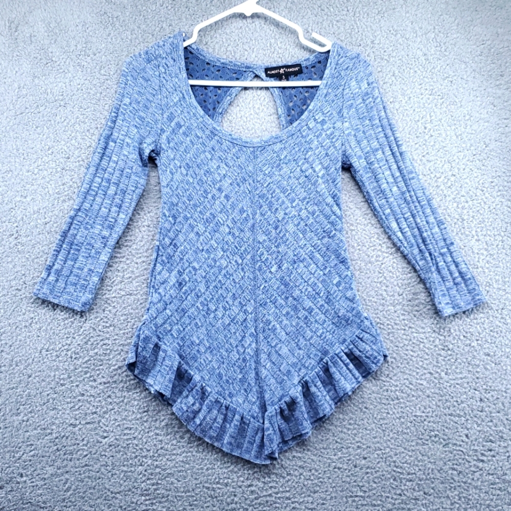 Almost Famous Womens Small Blue Shirt 3/4 Sleeve Keyhole Back W/ Lace & Ruffles
